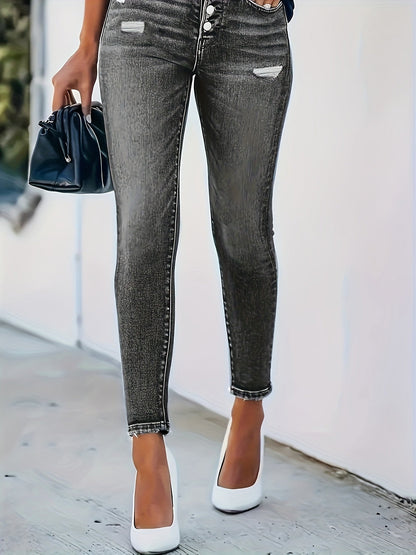 Stijlvolle skinny jeans met gerafelde afwerking en whisker-effect | Perfecte mix van modieuze flair en comfort | Voorjaars- en najaarsmust-have afbeelding 5