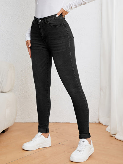 Olijfgroene hoge taille slim-fit jeans met stretch denim afbeelding 4