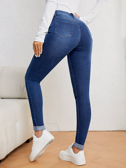 Olijfgroene hoge taille slim-fit jeans met stretch denim afbeelding 3