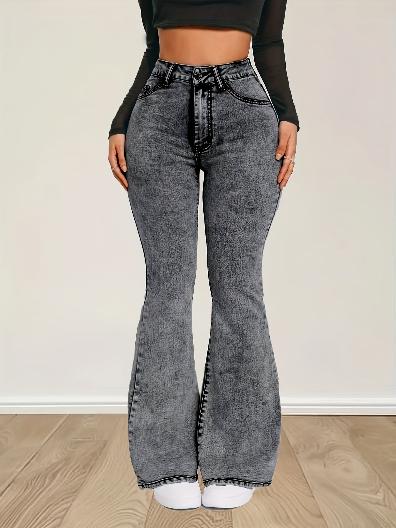 Flare jeans met hoge taille | Grijze stretch denim | Modieuze en comfortabele look | Hougesluiting | Tijdloze stijl | Premium kwaliteit afbeelding 3