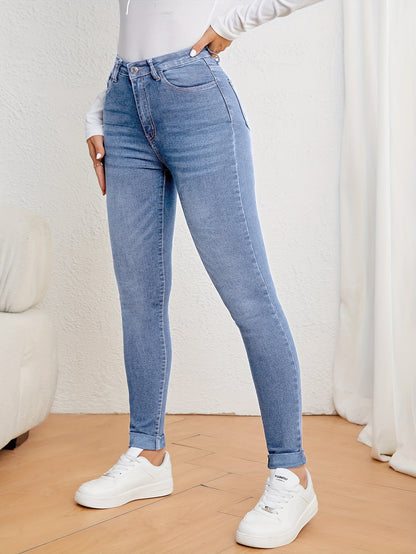 Olijfgroene hoge taille slim-fit jeans met stretch denim afbeelding 10