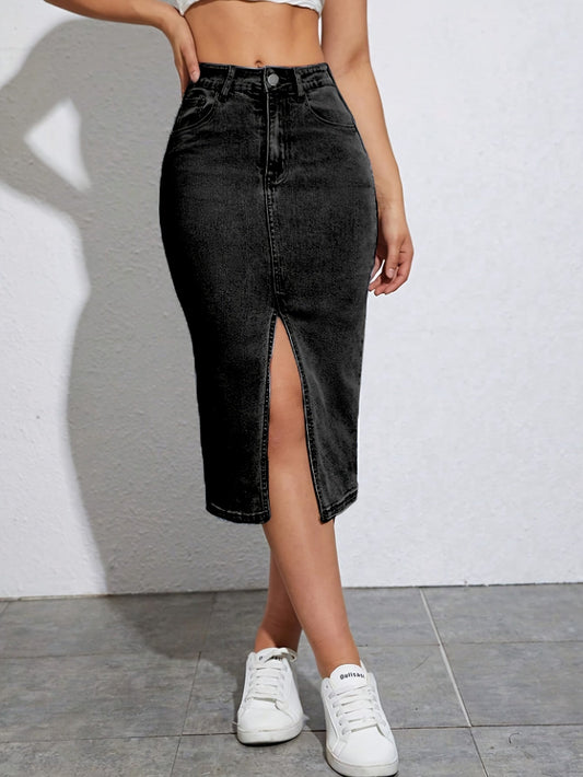 Stijlvolle gespleten denim rok met hoge taille voor casual gelegenheden in lente, zomer en herfst afbeelding 1