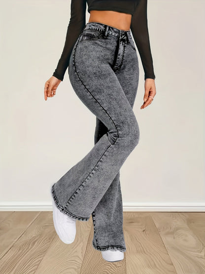 Flare jeans met hoge taille | Grijze stretch denim | Modieuze en comfortabele look | Hougesluiting | Tijdloze stijl | Premium kwaliteit afbeelding 1