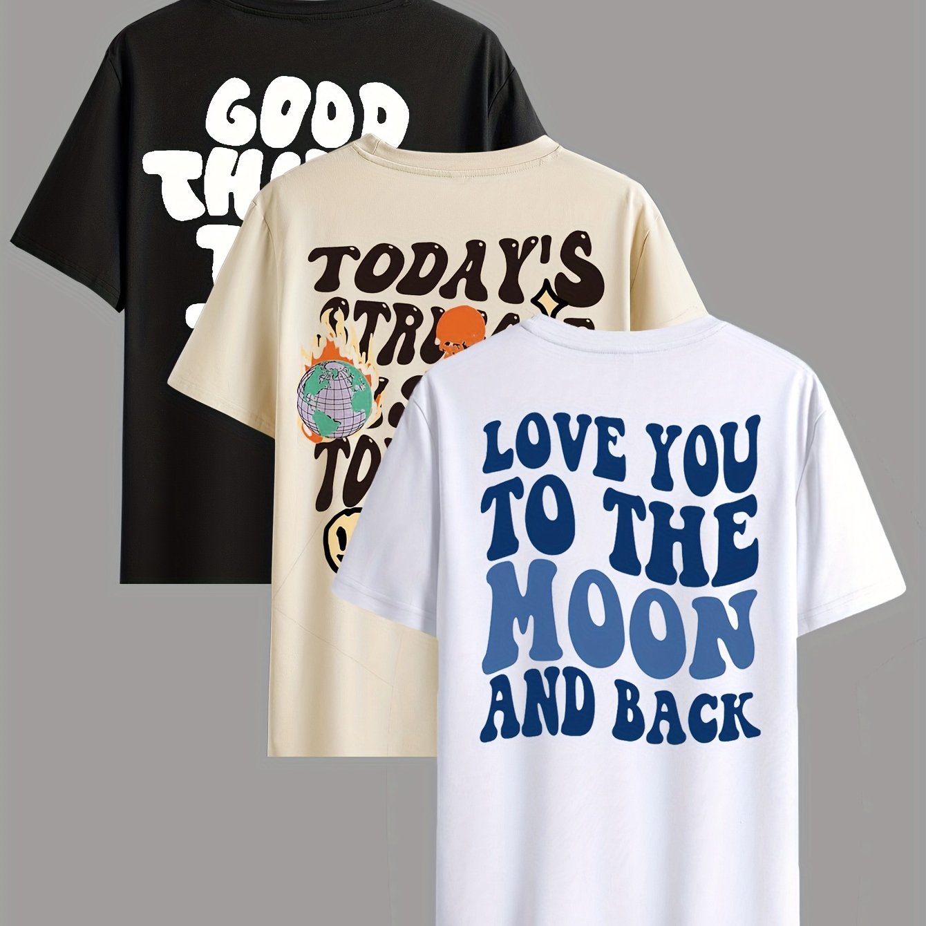 3 heren T-shirts met letters, korte mouw, ronde hals