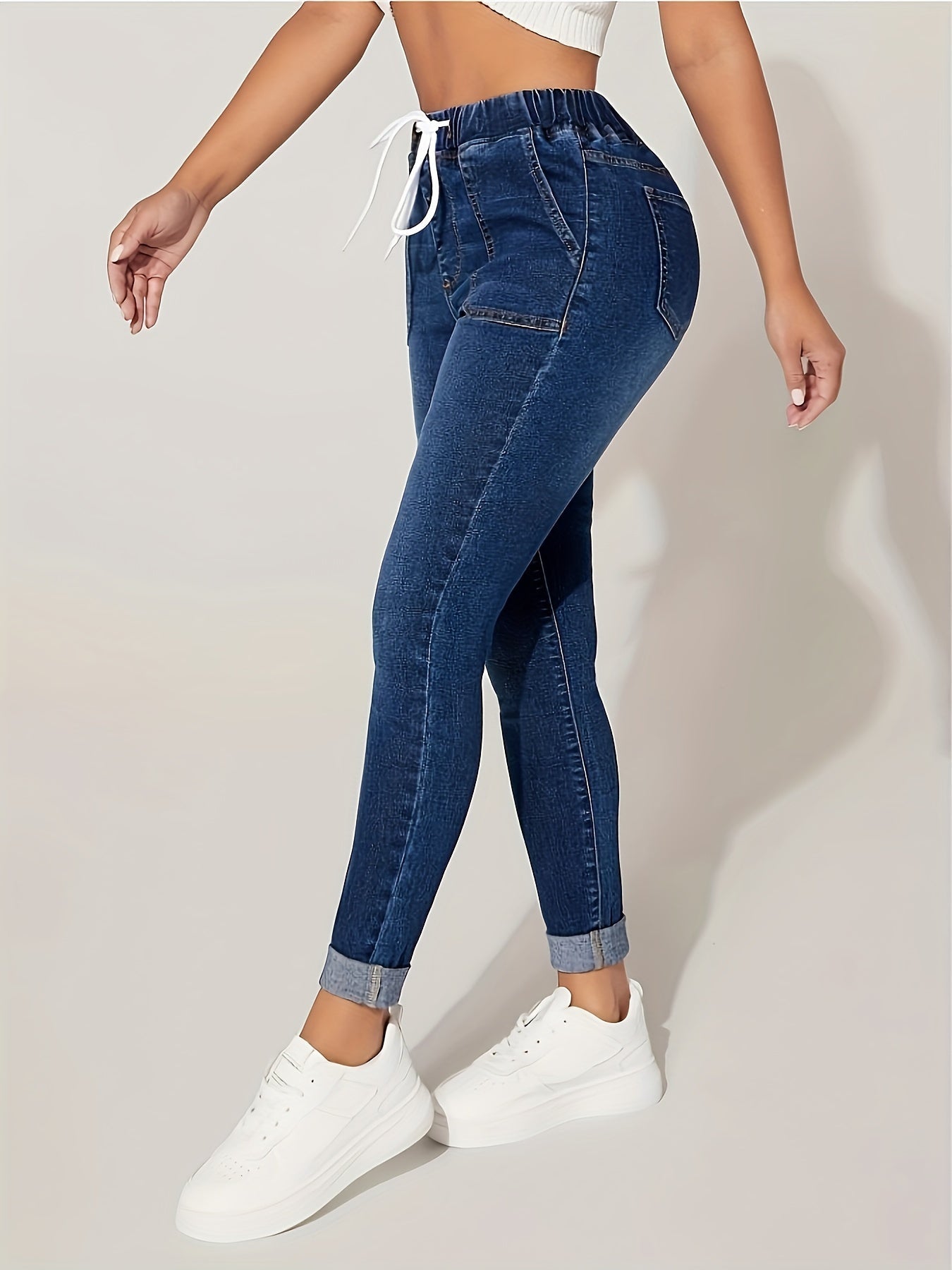 Comfortabele damesjeans | Hoge taille & trekkoord |  Voor een trendy casual look met bewegingsvrijheid | Stijlvol & praktisch | Verstelbare taille & cropped lengte | Perfect voor elk seizoen afbeelding 4