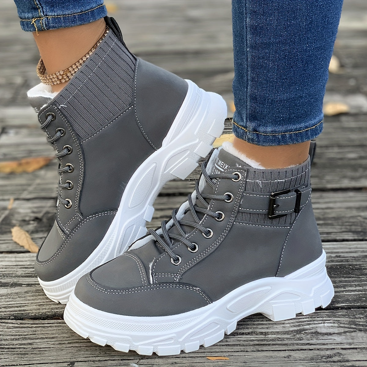 Trendy korte dameslaarzen met platform en veters - Stijl en Comfort | Lente & Herfst - Ontworpen voor de modebewuste vrouw die wil genieten van comfort. Gemaakt van hoogwaardig synthetisch leer met zachte voering. Shop nu! afbeelding 3