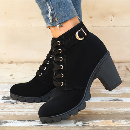 Stoere enkellaarsjes met veters en dikke hak | Shop synthetisch leren boots afbeelding 3