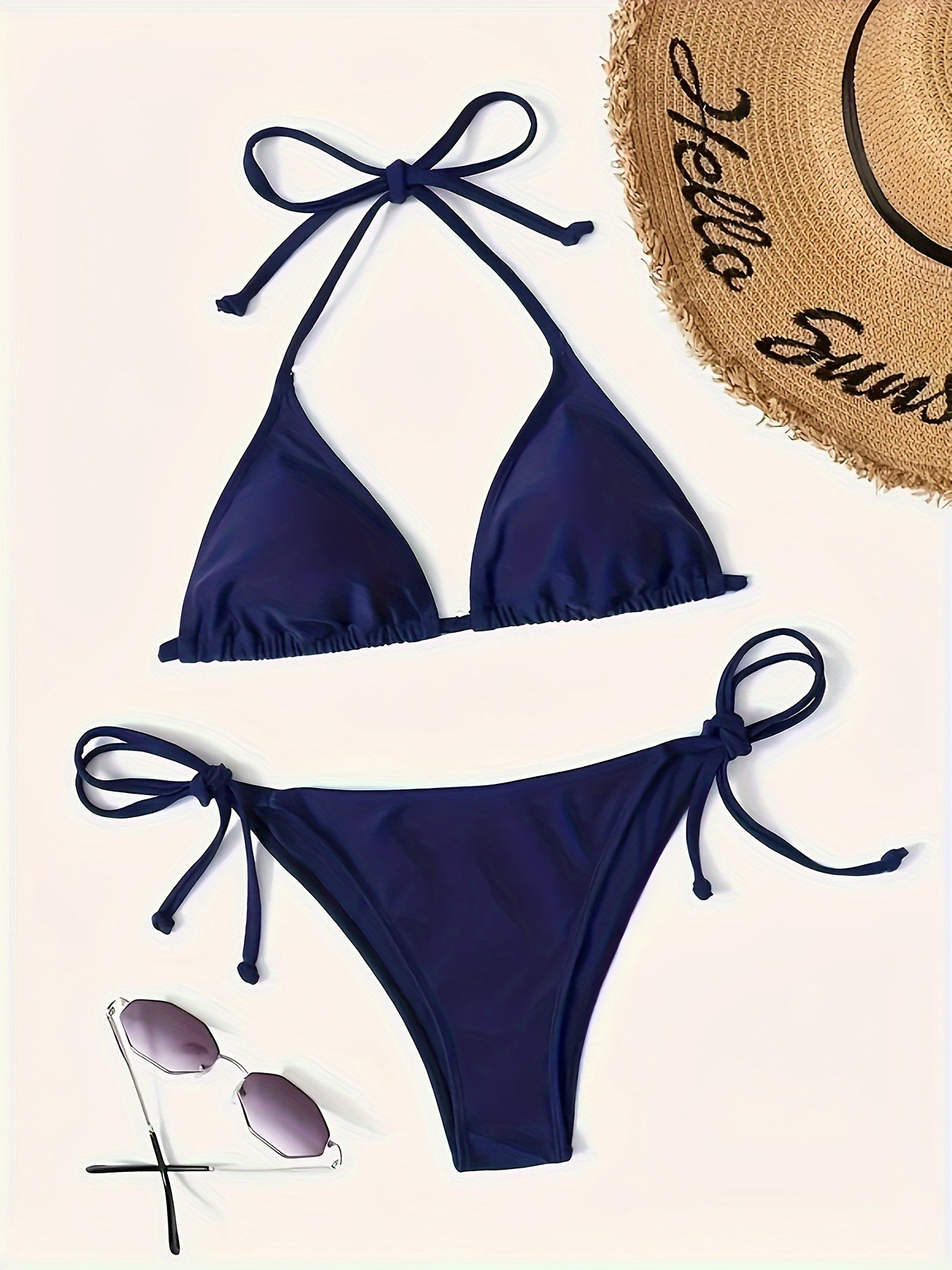 Donkerblauwe halter bikini set van hoge kwaliteit | Sexy V-hals en blote rug | Ideale zomer- en vakantiekleding afbeelding 1