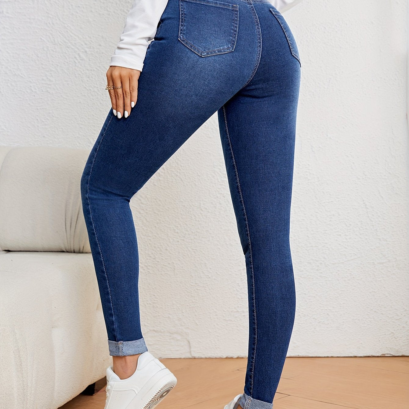 Olijfgroene hoge taille slim-fit jeans met stretch denim afbeelding 13