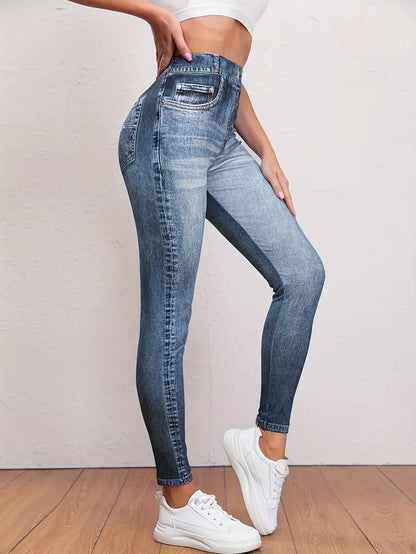 Trendy faux denim high-waist workout leggings - comfortabel en stijlvol! 🌟 Gek op de denimlook, maar wil je ook vrij kunnen bewegen? Deze leggings combineren beide en zijn perfect voor workouts én casual outfits. Gemaakt van een luxe katoenmix, ideaal voor de herfst en winter. Ontdek ze nu! afbeelding 3