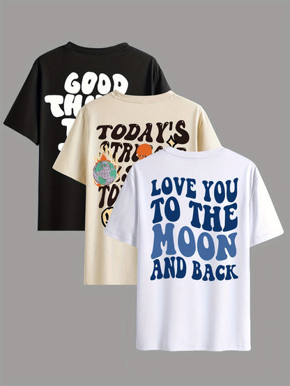 3 heren T-shirts met letters, korte mouw, ronde hals