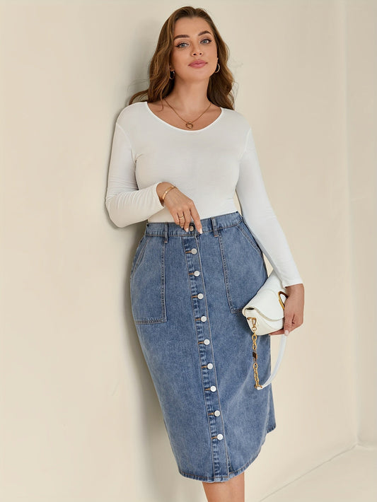 Koop de perfecte midi-denimrok met knoopdetail - tijdloos en stijlvol! afbeelding 1