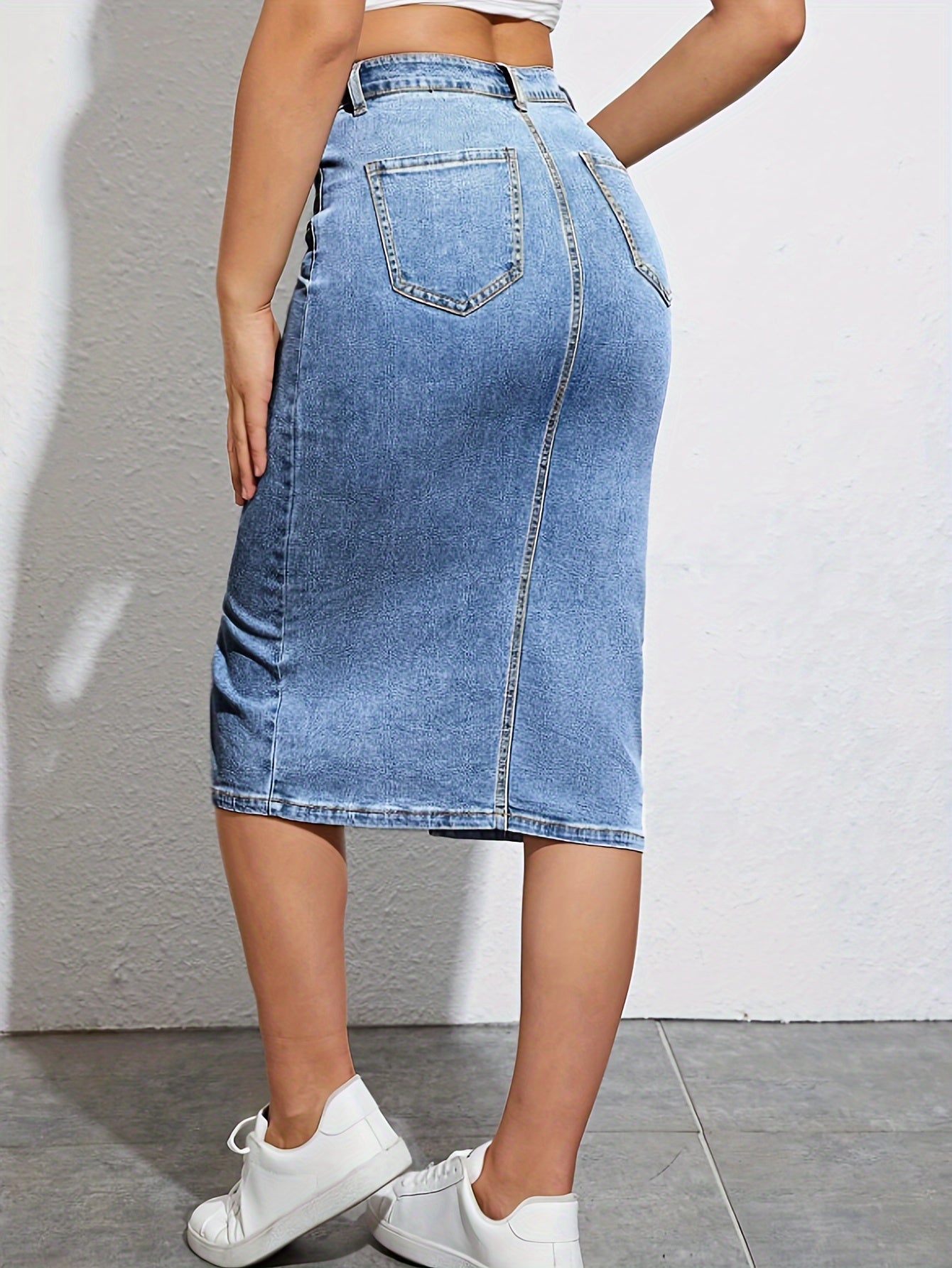 Stijlvolle vintage denim midi rok met hoge taille en split - veelzijdig en tijdloos! Shop nu voor de lente, zomer en herfst. afbeelding 3