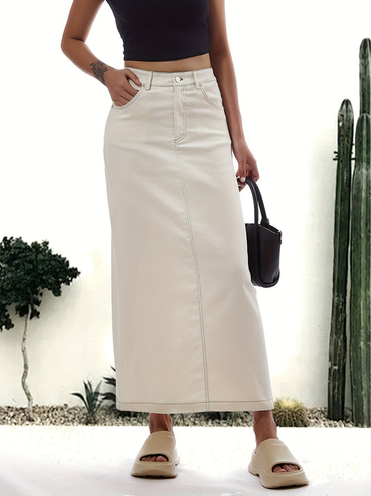 Effen witte maxi denim rok: comfortabele veelzijdigheid voor elke gelegenheid! afbeelding 1