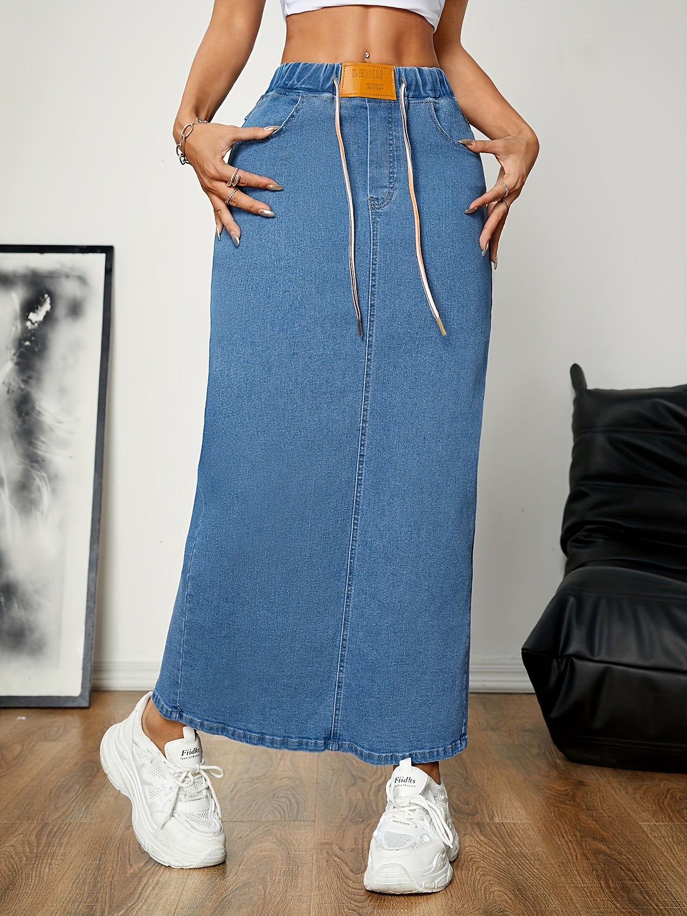 Blauwe maxi denim rok met split - Comfortabel en stijlvol voor elk seizoen afbeelding 3