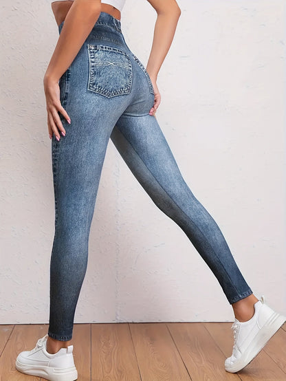 Trendy faux denim high-waist workout leggings - comfortabel en stijlvol! 🌟 Gek op de denimlook, maar wil je ook vrij kunnen bewegen? Deze leggings combineren beide en zijn perfect voor workouts én casual outfits. Gemaakt van een luxe katoenmix, ideaal voor de herfst en winter. Ontdek ze nu! afbeelding 8