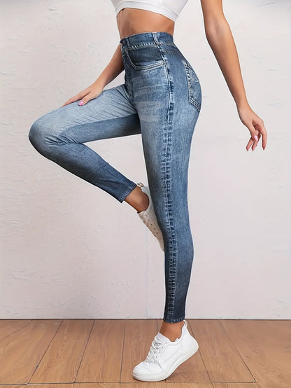 Trendy faux denim high-waist workout leggings - comfortabel en stijlvol! 🌟 Gek op de denimlook, maar wil je ook vrij kunnen bewegen? Deze leggings combineren beide en zijn perfect voor workouts én casual outfits. Gemaakt van een luxe katoenmix, ideaal voor de herfst en winter. Ontdek ze nu! afbeelding 1