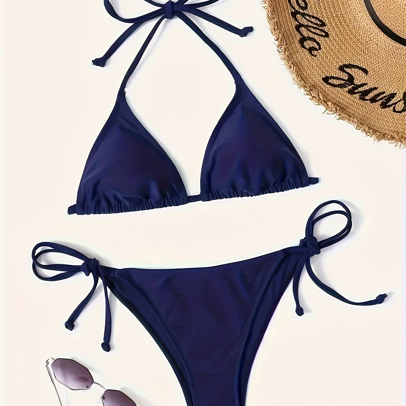 Donkerblauwe halter bikini set van hoge kwaliteit | Sexy V-hals en blote rug | Ideale zomer- en vakantiekleding afbeelding 6