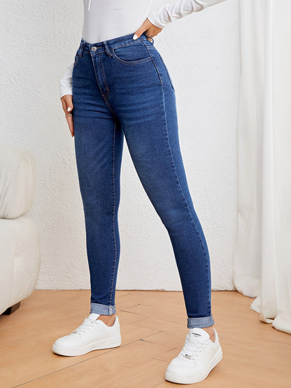 Olijfgroene hoge taille slim-fit jeans met stretch denim afbeelding 11