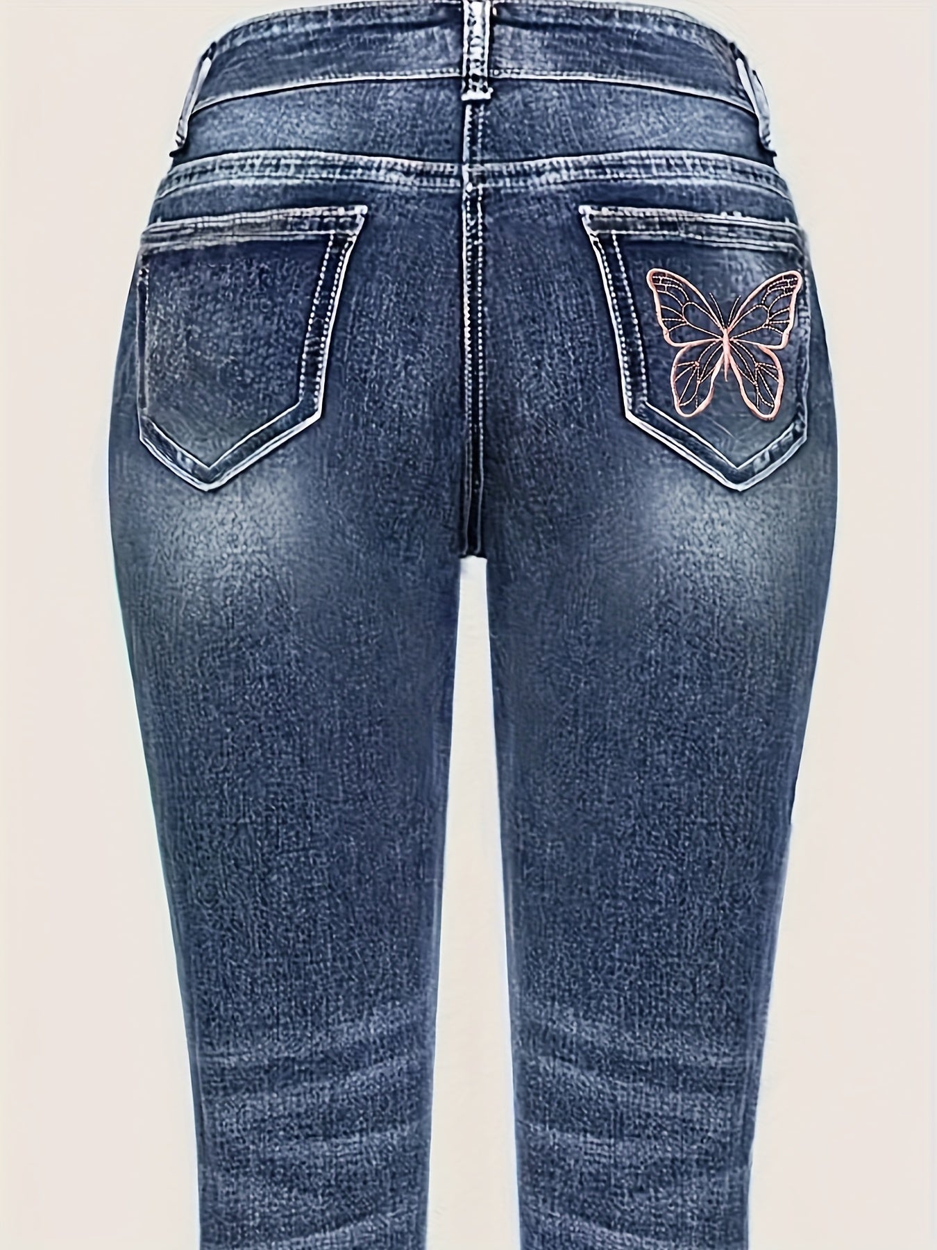 Stretchy vlindergeborduurde slim fit jeans met rechte pijpen afbeelding 5