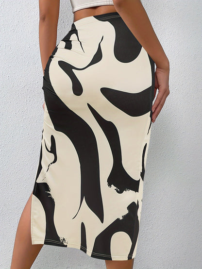 Stijlvolle kokerrok met abstracte print en ruches - Perfect voor iedere gelegenheid! afbeelding 2