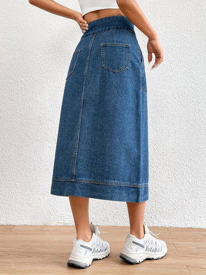 Ontdek de tijdloze elegantie van de denim midi rok met strikceintuur voor een klassieke look. Gemaakt van hoogwaardige denim en perfect voor elke gelegenheid! afbeelding 7