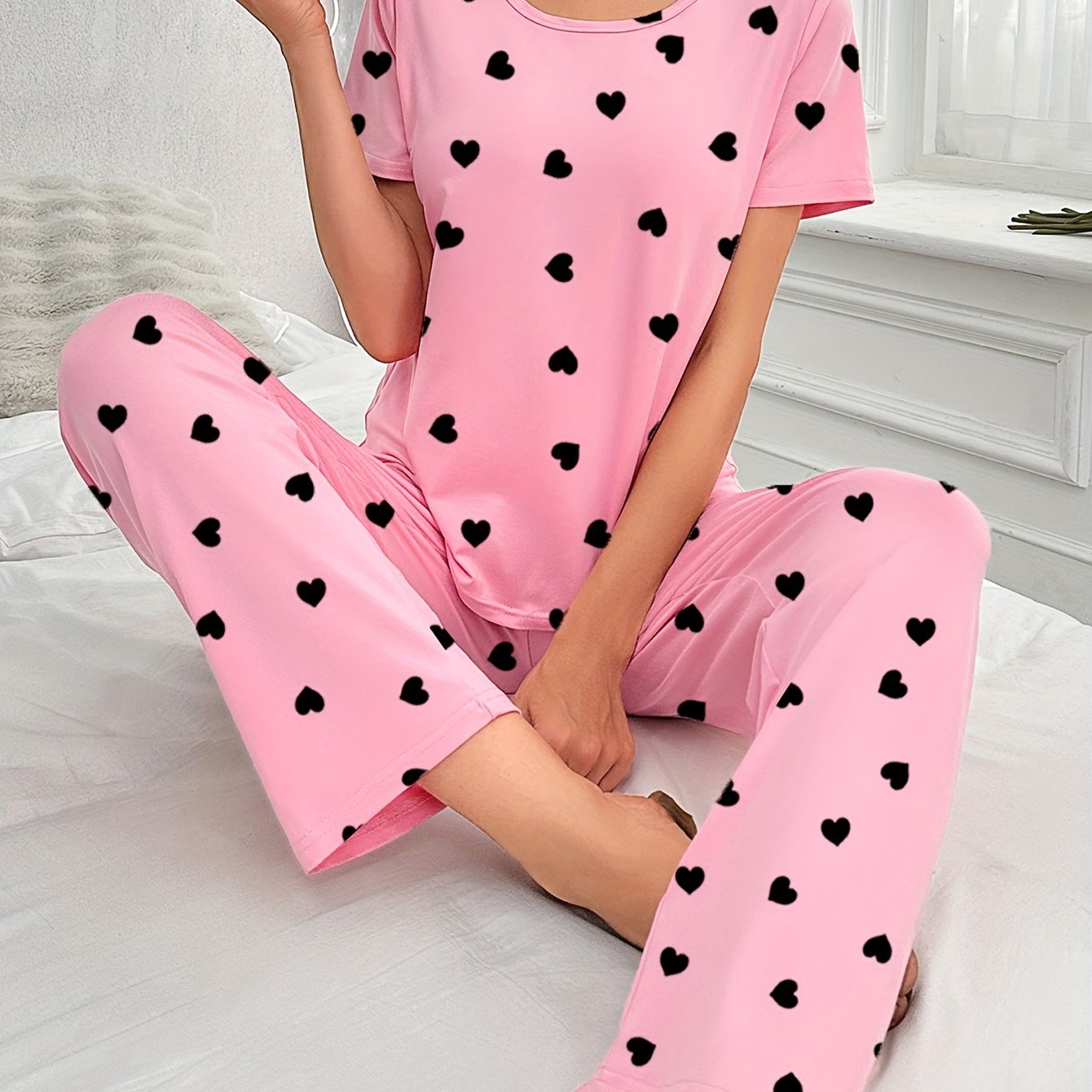 Nina dames pyjama set - stijlvolle hartjesprint voor heerlijk comfort in bed afbeelding 6