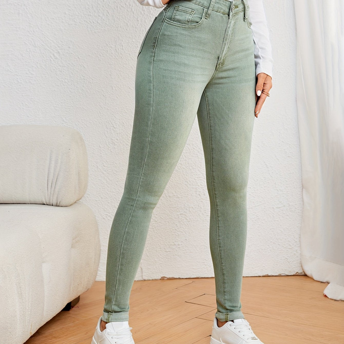 Olijfgroene hoge taille slim-fit jeans met stretch denim afbeelding 12