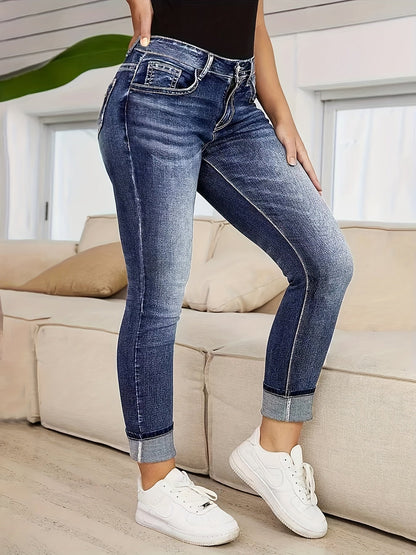 Stretchy vlindergeborduurde slim fit jeans met rechte pijpen afbeelding 3