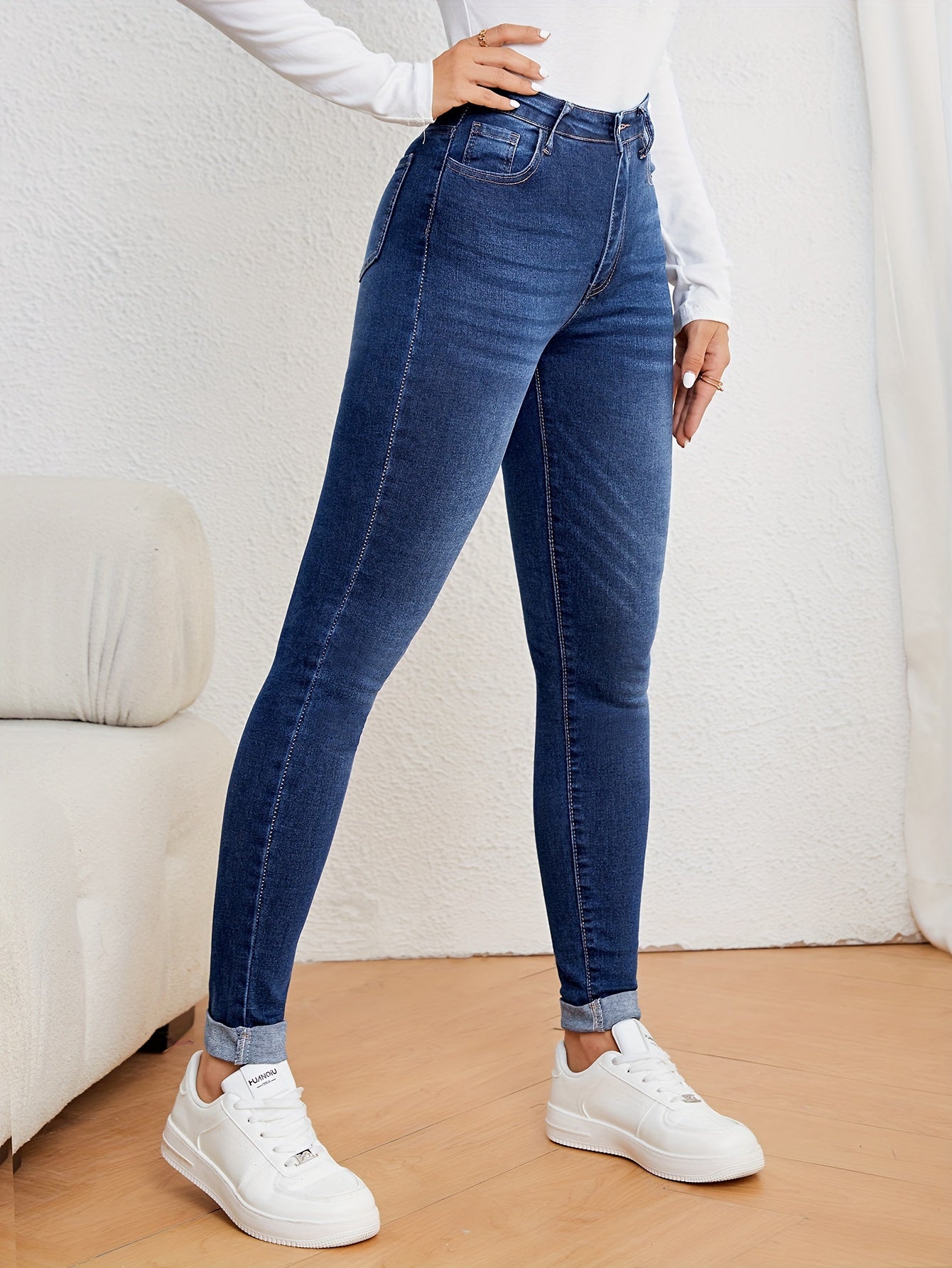 Olijfgroene hoge taille slim-fit jeans met stretch denim afbeelding 5