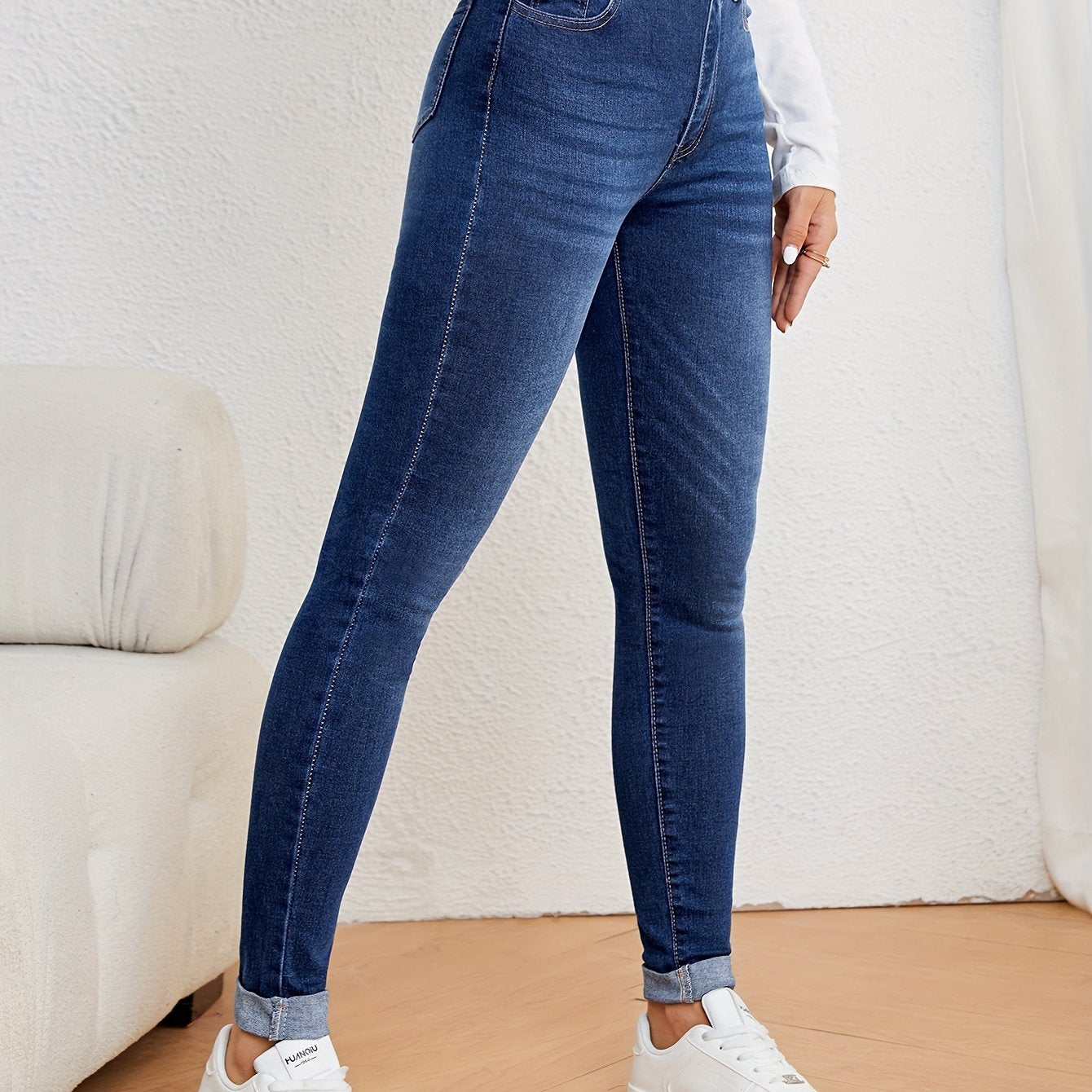 Olijfgroene hoge taille slim-fit jeans met stretch denim afbeelding 17