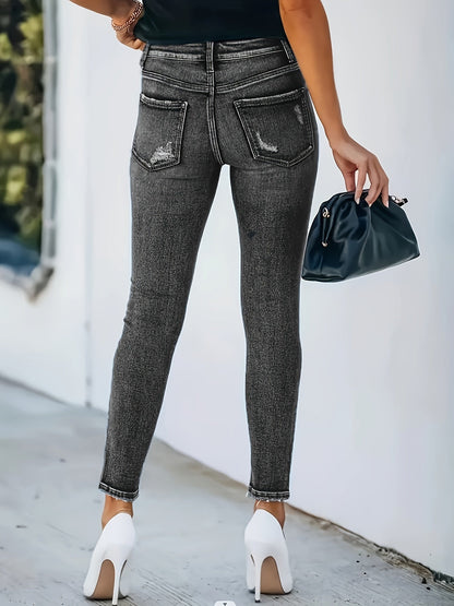 Stijlvolle skinny jeans met gerafelde afwerking en whisker-effect | Perfecte mix van modieuze flair en comfort | Voorjaars- en najaarsmust-have afbeelding 3