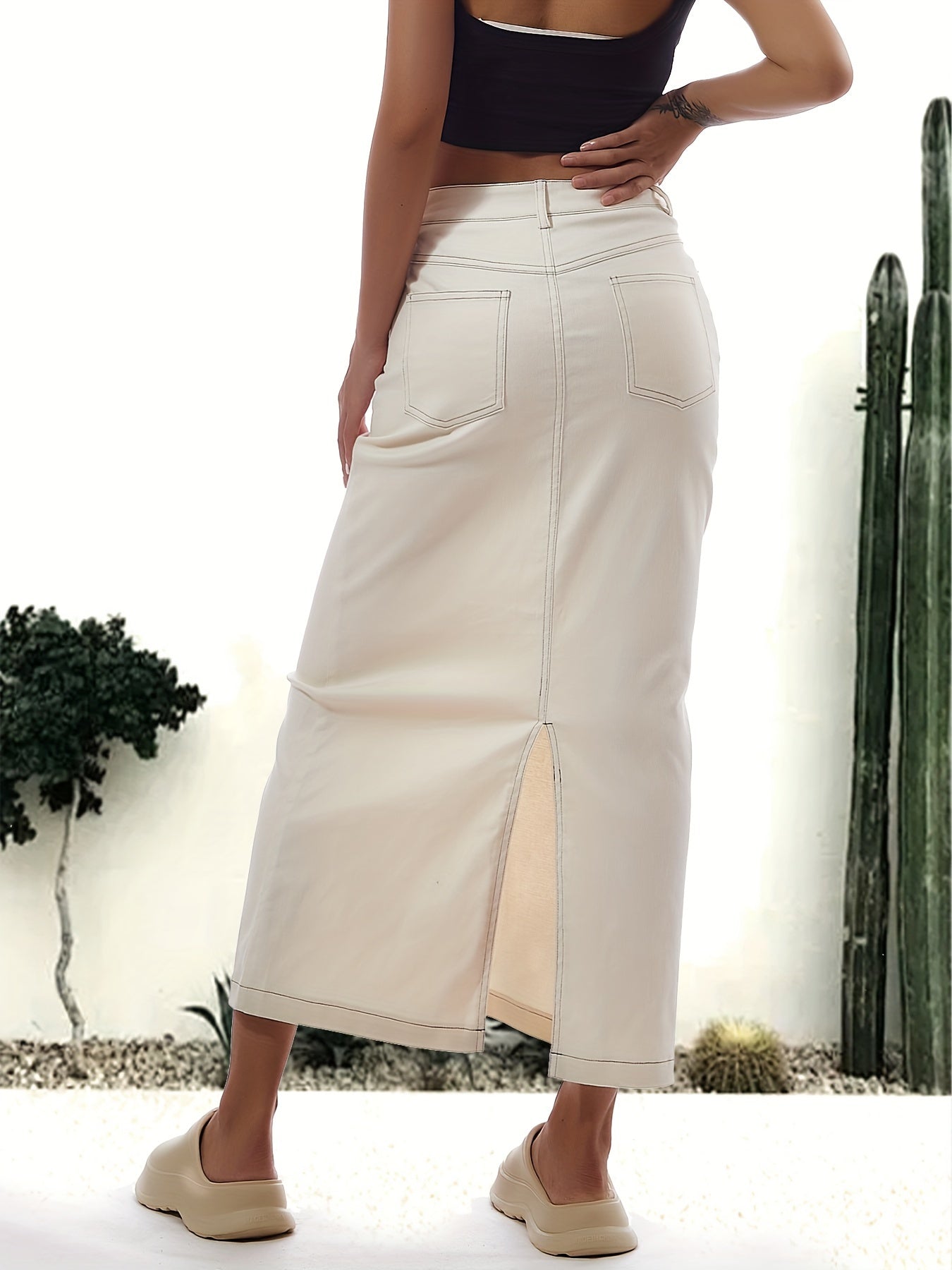 Effen witte maxi denim rok: comfortabele veelzijdigheid voor elke gelegenheid! afbeelding 2