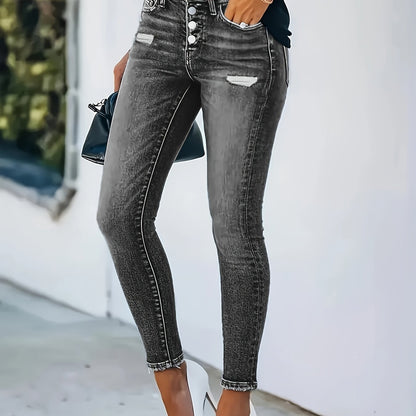 Stijlvolle skinny jeans met gerafelde afwerking en whisker-effect | Perfecte mix van modieuze flair en comfort | Voorjaars- en najaarsmust-have afbeelding 12