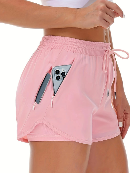 Sportieve 2-in-1 hardloopfitnessshort in effen kleur met meerdere zakken afbeelding 1