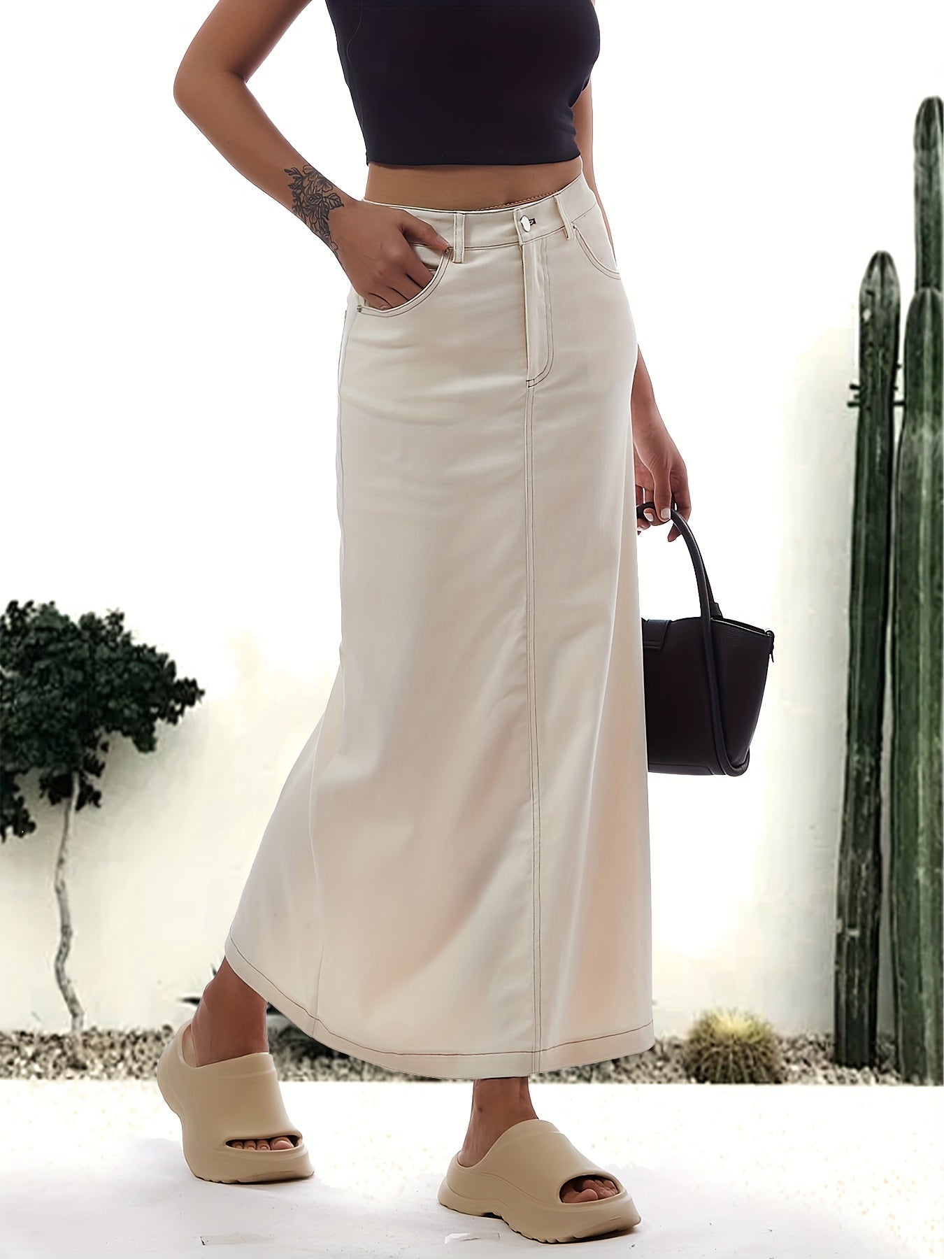 Effen witte maxi denim rok: comfortabele veelzijdigheid voor elke gelegenheid! afbeelding 4