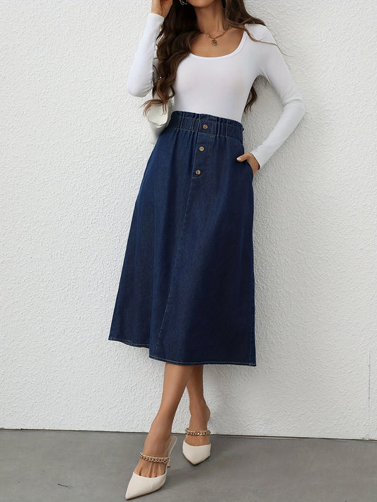 High-waisted denim A-lijn midi rok | Duurzaam en elegant | Perfect voor elke gelegenheid afbeelding 1