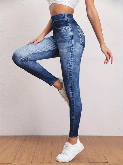 Trendy faux denim high-waist workout leggings - comfortabel en stijlvol! 🌟 Gek op de denimlook, maar wil je ook vrij kunnen bewegen? Deze leggings combineren beide en zijn perfect voor workouts én casual outfits. Gemaakt van een luxe katoenmix, ideaal voor de herfst en winter. Ontdek ze nu! afbeelding 6