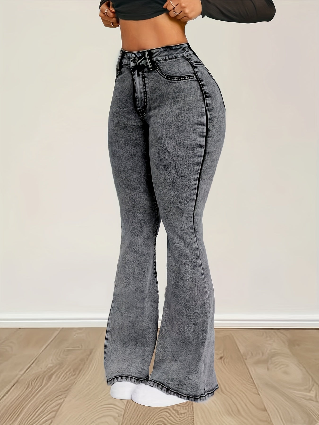 Flare jeans met hoge taille | Grijze stretch denim | Modieuze en comfortabele look | Hougesluiting | Tijdloze stijl | Premium kwaliteit afbeelding 4