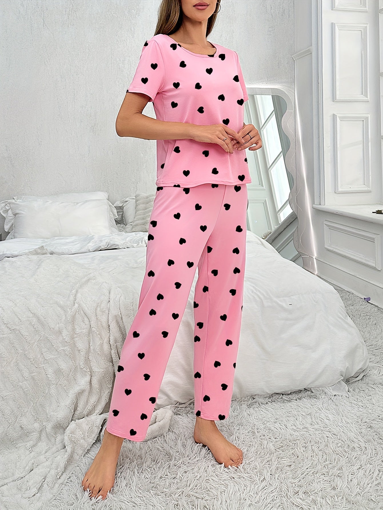 Nina dames pyjama set - stijlvolle hartjesprint voor heerlijk comfort in bed afbeelding 5