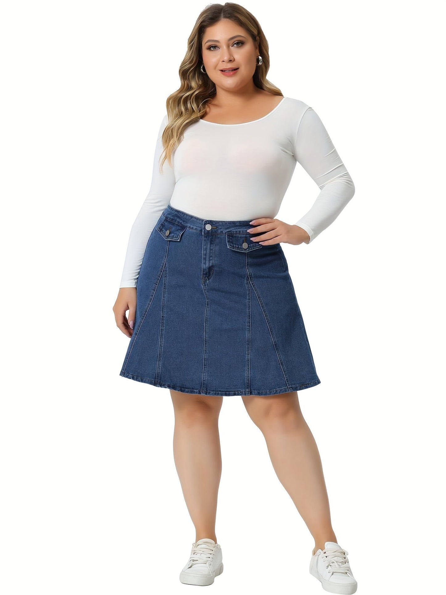 Plus size denim rok met knoopaccenten en faux zakken - Stijlvol en comfortabel voor ieder seizoen afbeelding 1