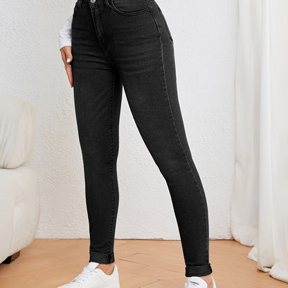 Olijfgroene hoge taille slim-fit jeans met stretch denim afbeelding 15