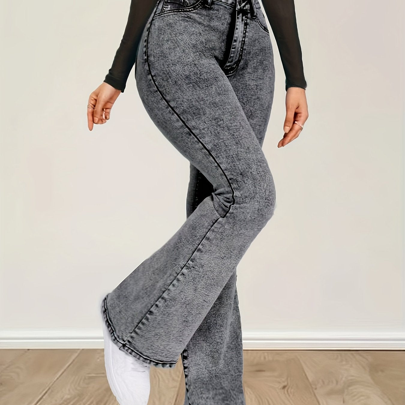 Flare jeans met hoge taille | Grijze stretch denim | Modieuze en comfortabele look | Hougesluiting | Tijdloze stijl | Premium kwaliteit afbeelding 6