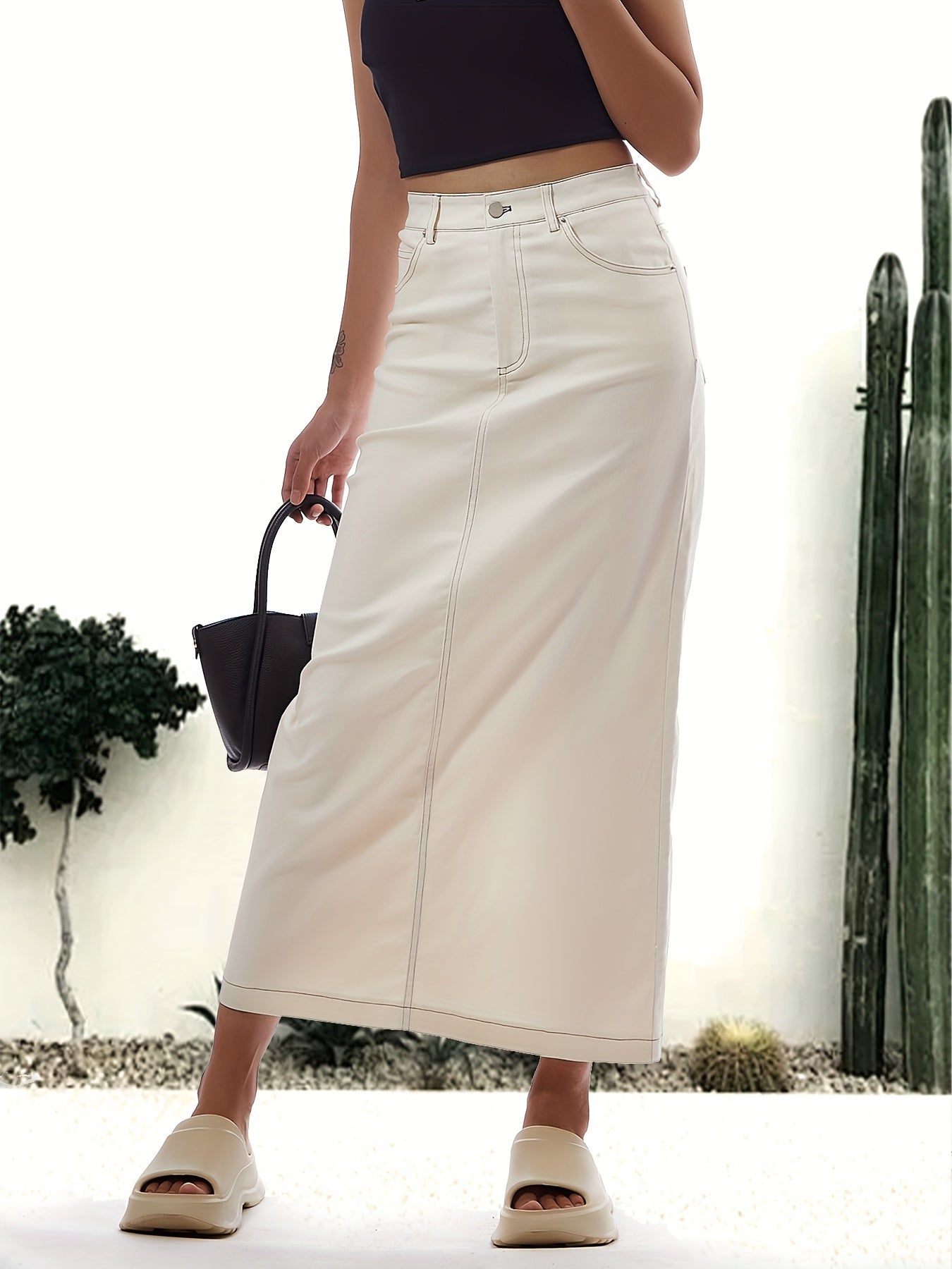 Effen witte maxi denim rok: comfortabele veelzijdigheid voor elke gelegenheid! afbeelding 5