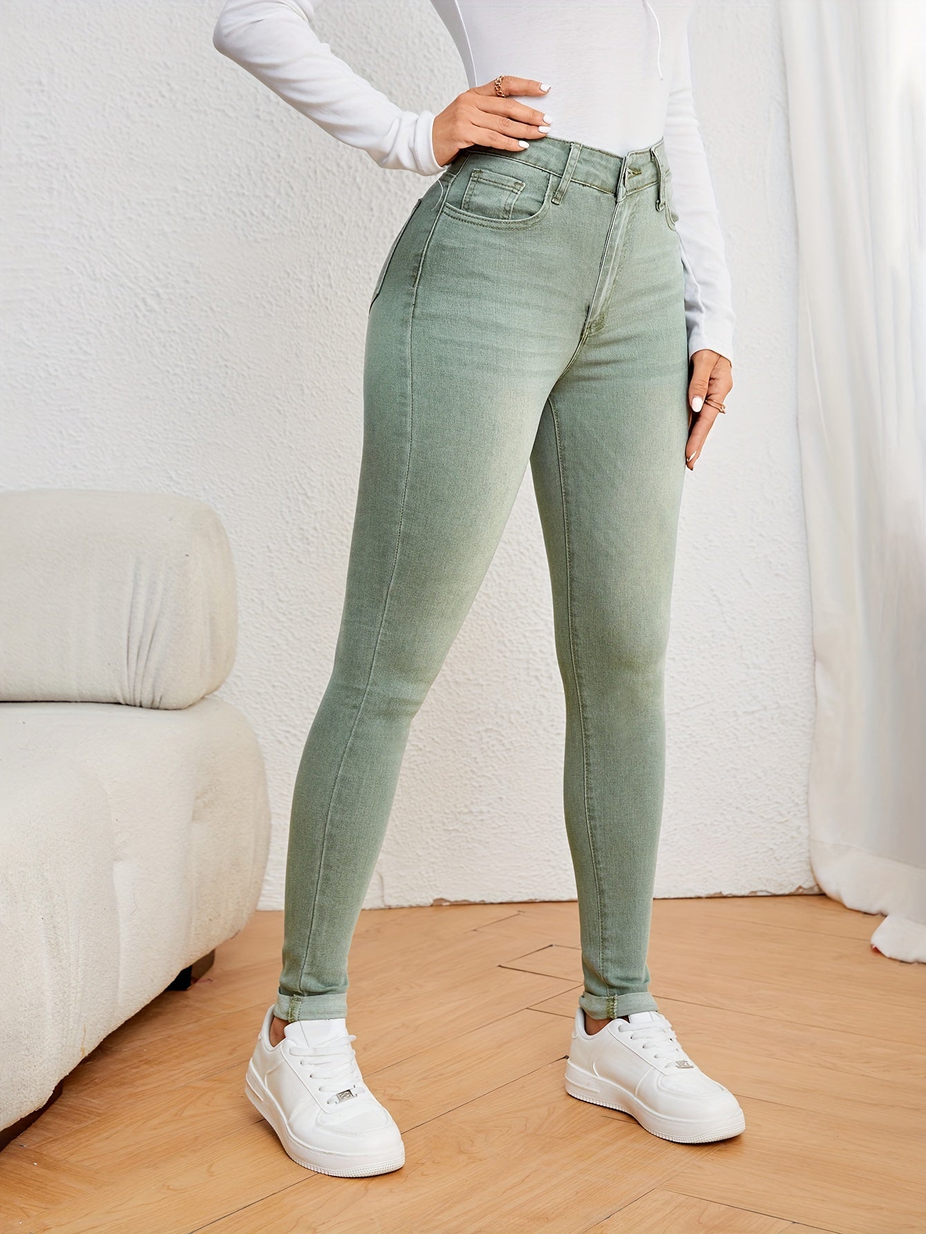 Olijfgroene hoge taille slim-fit jeans met stretch denim afbeelding 6