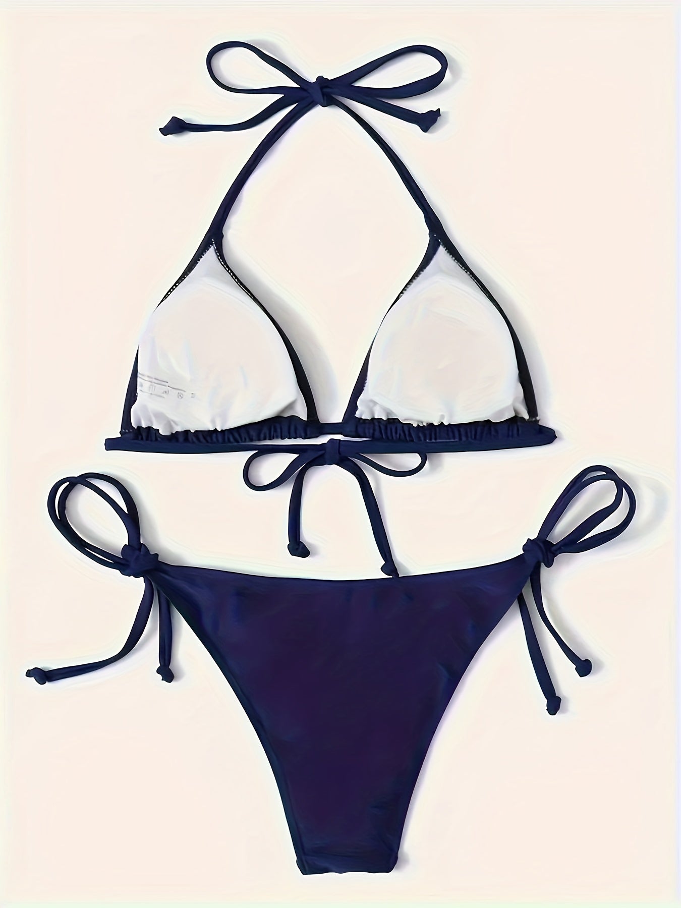 Donkerblauwe halter bikini set van hoge kwaliteit | Sexy V-hals en blote rug | Ideale zomer- en vakantiekleding afbeelding 2