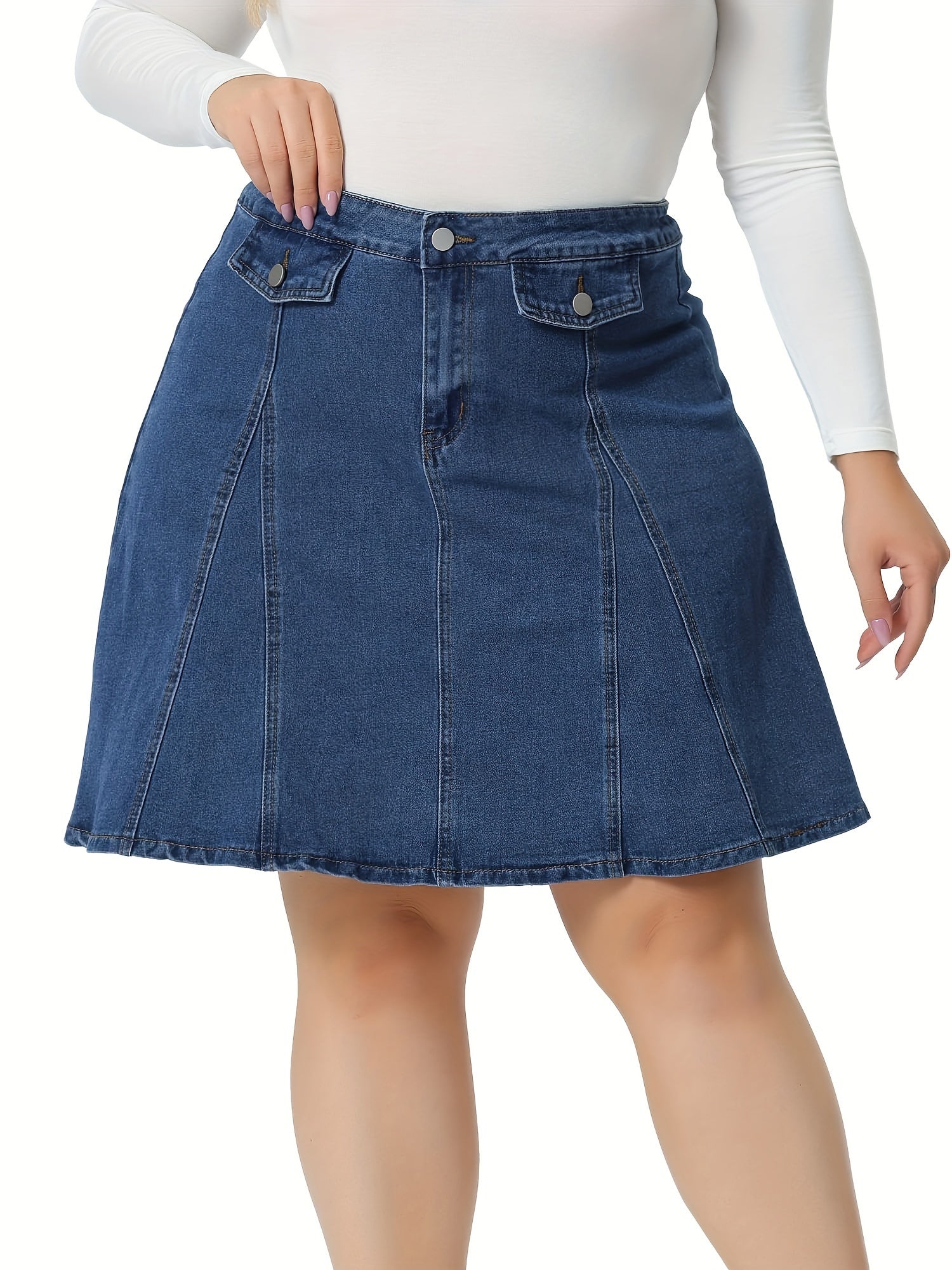 Plus size denim rok met knoopaccenten en faux zakken - Stijlvol en comfortabel voor ieder seizoen afbeelding 2