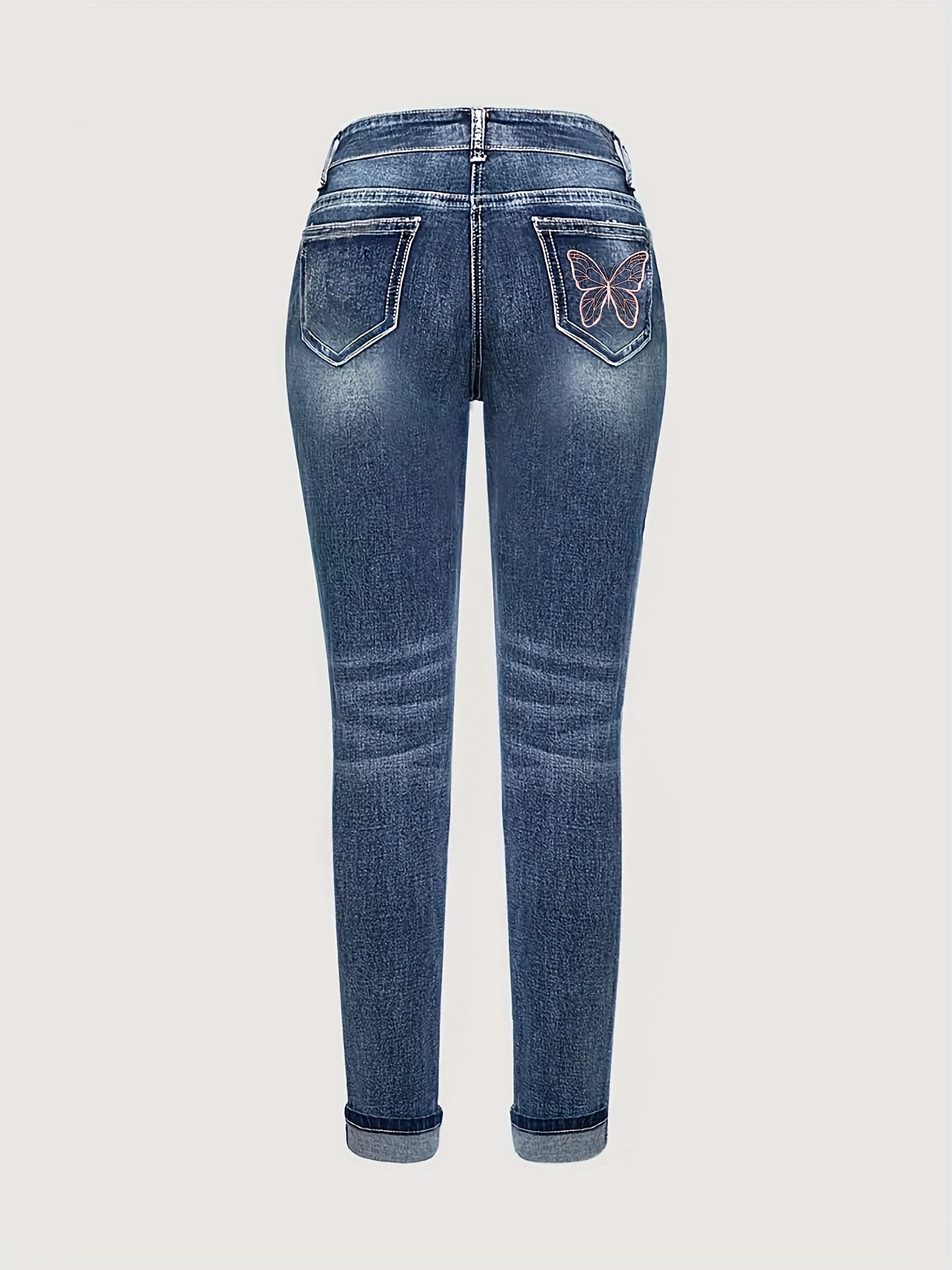 Stretchy vlindergeborduurde slim fit jeans met rechte pijpen afbeelding 4