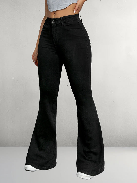 Elegante zwarte flare jeans met knoopdetail voor optimaal comfort afbeelding 1